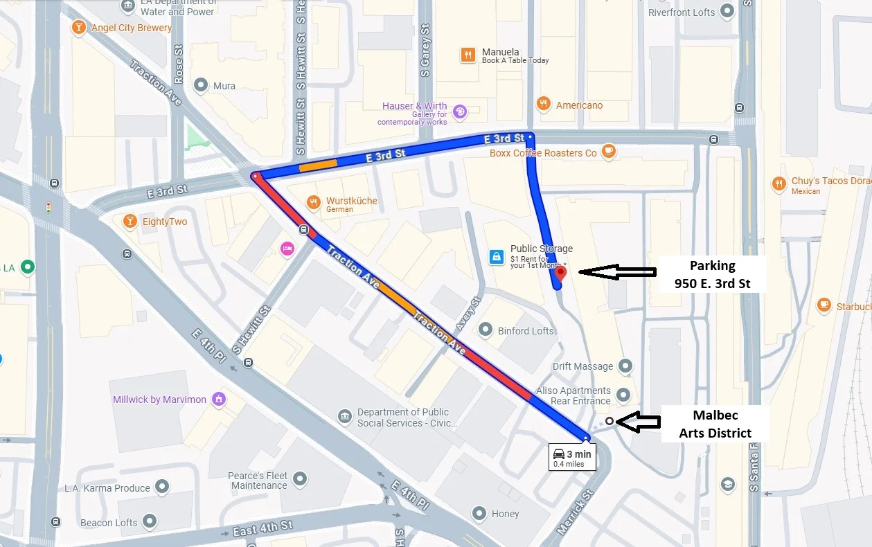 Map showing parking and route to Malbec Arts District