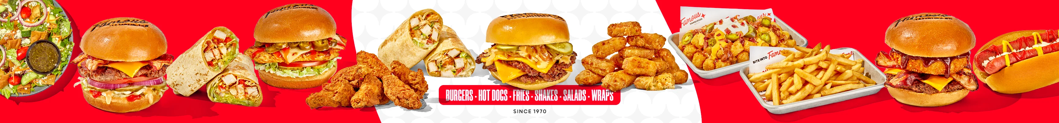 Variety of American fast food including burgers, wraps, and fries