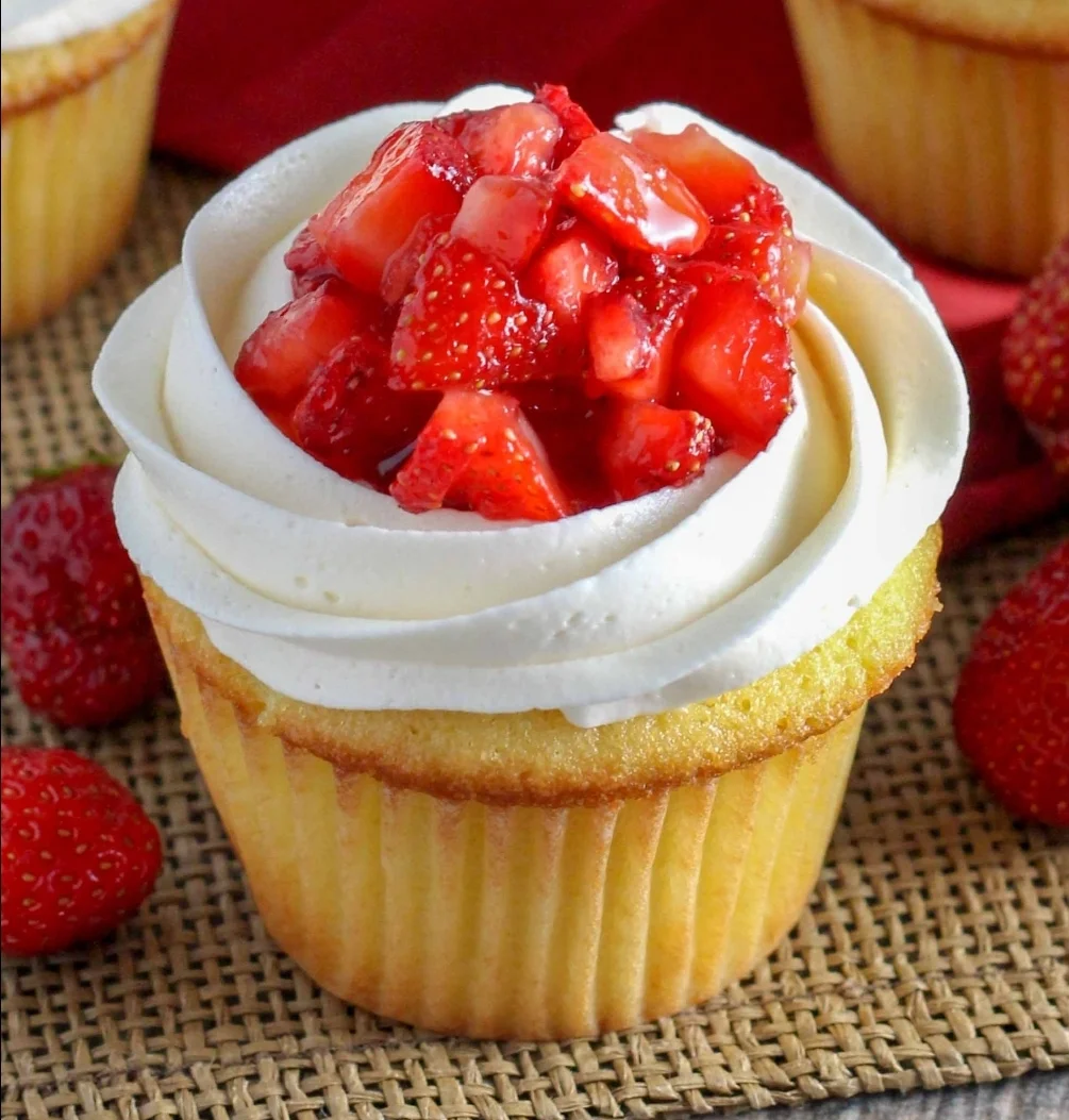 Strawberry shortcake cupcake with whipped cream
