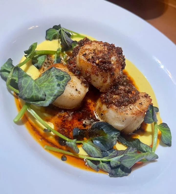 Seared scallops with creamy sauce and microgreens