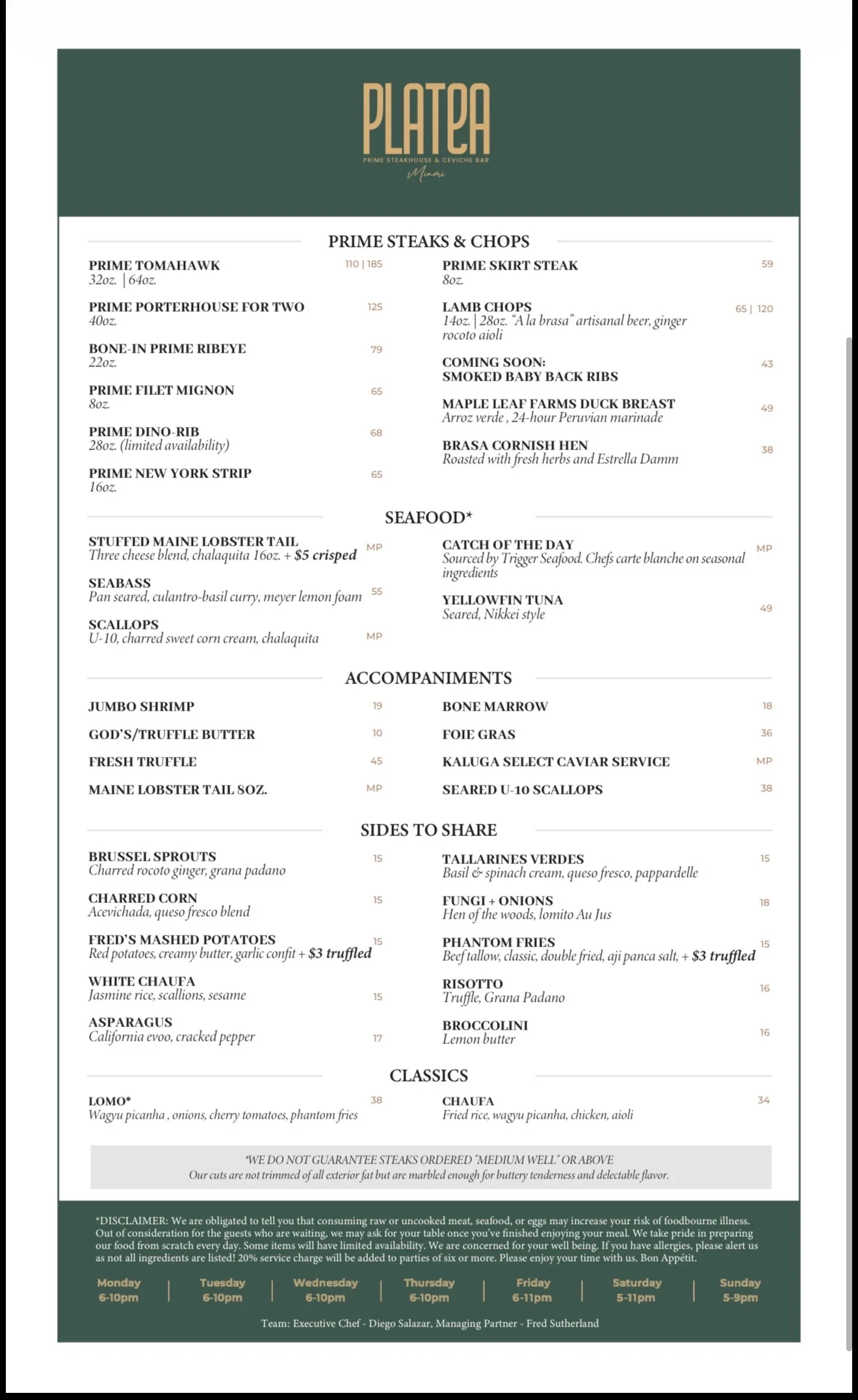 Restaurant menu featuring prime steaks, seafood, and Peruvian-inspired classics