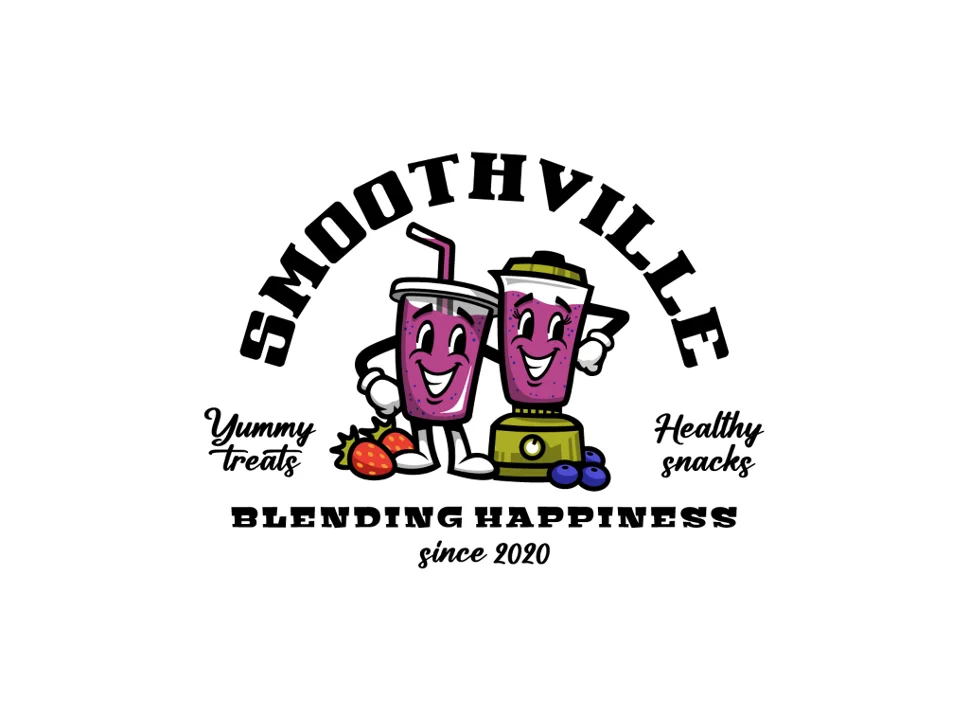 A colorful logo featuring two animated smoothie cups with happy expressions. The logo includes text promoting yummy treats and healthy snacks.