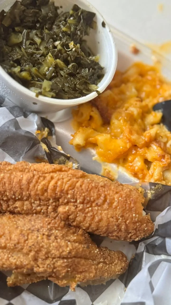 Southern fried catfish with collard greens and mac and cheese