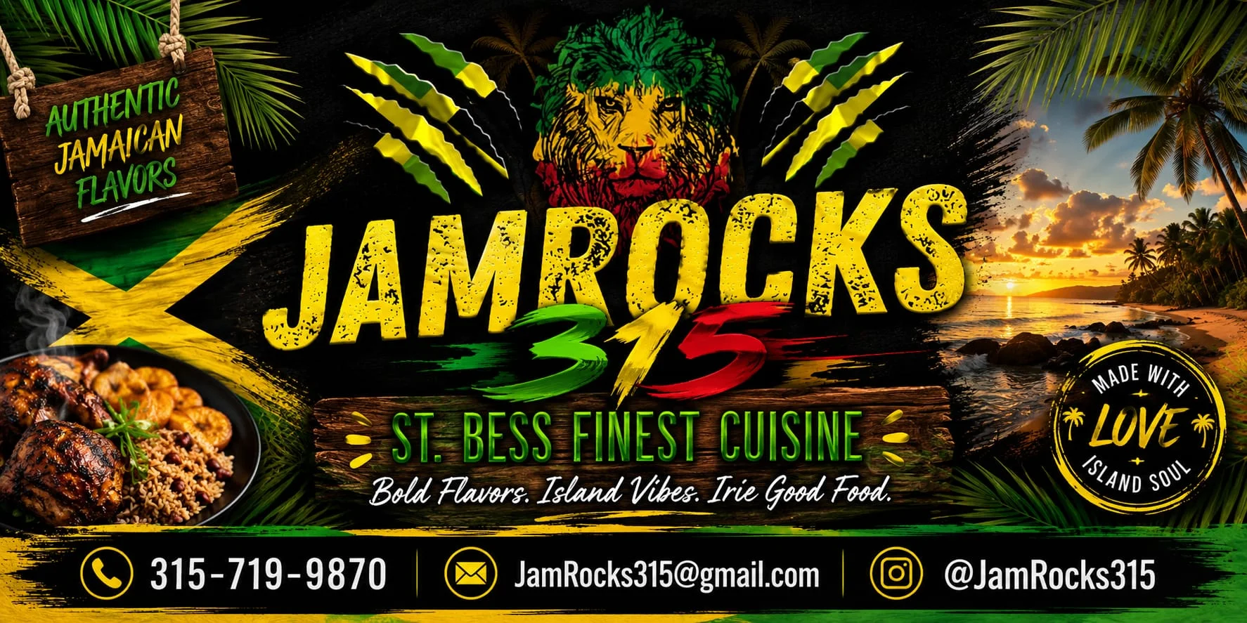 JamRocks 315 restaurant banner featuring Jamaican cuisine and contact details.