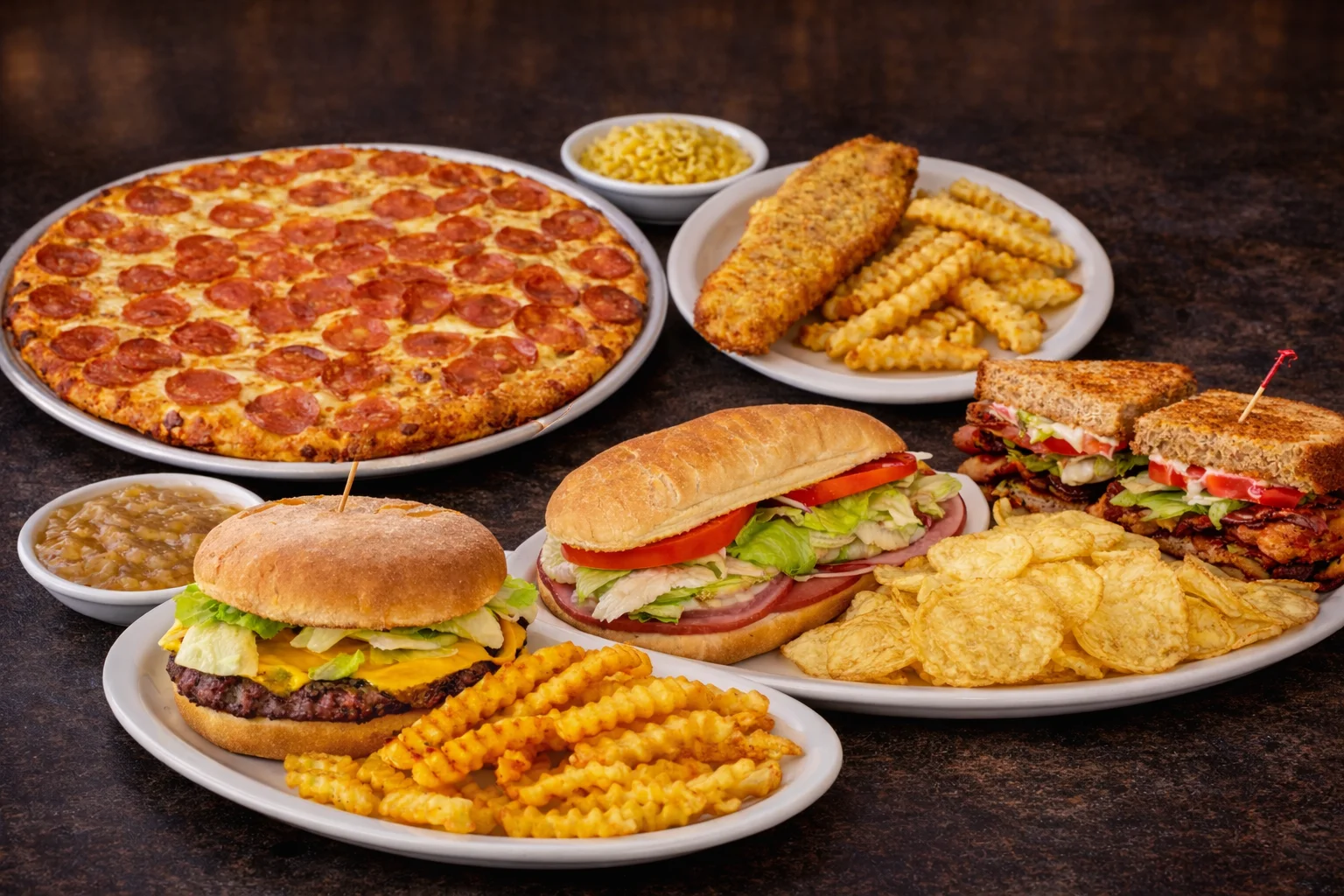 Variety of pizza offerings displayed on a menu.