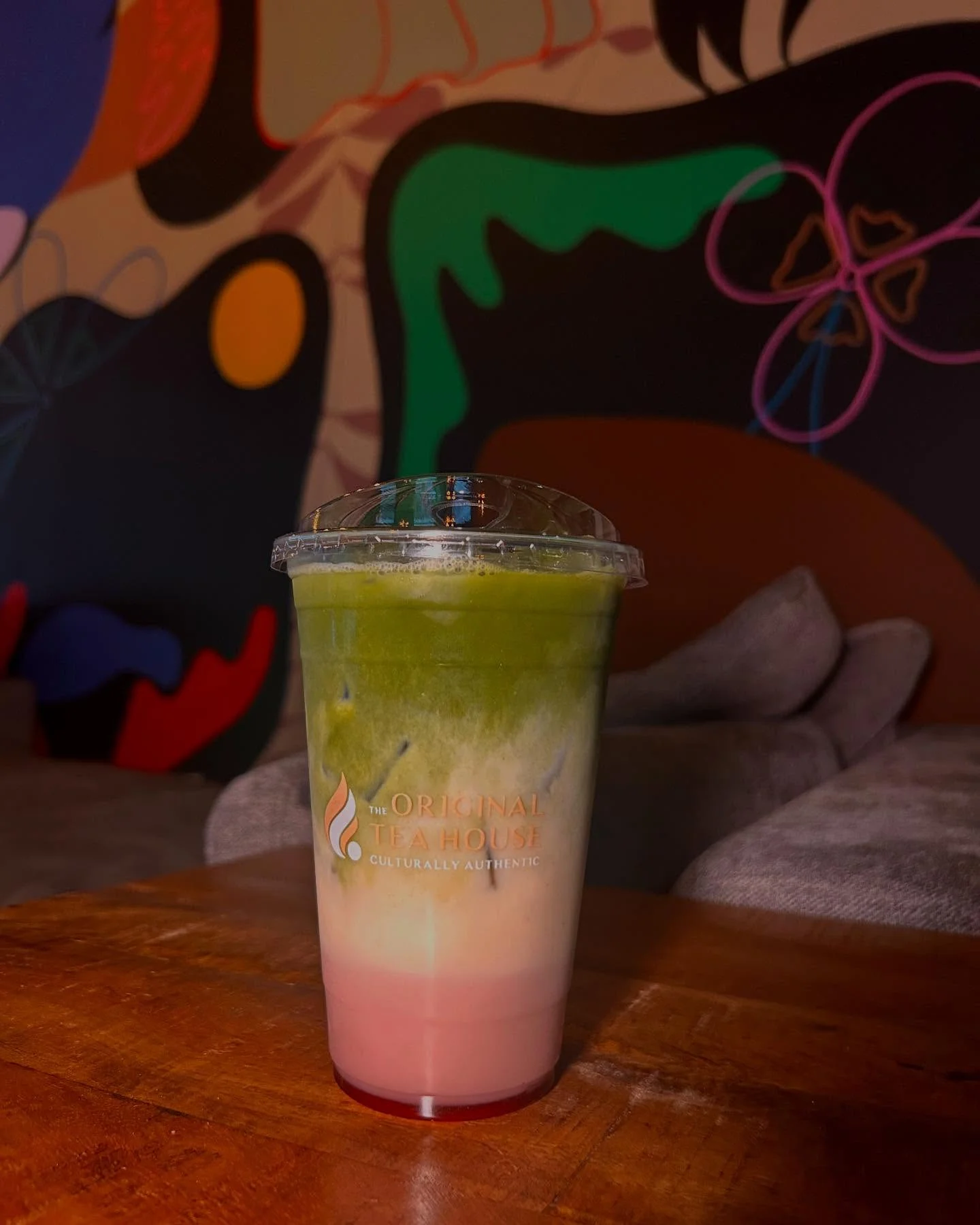 Colorful layered matcha drink from a tea house