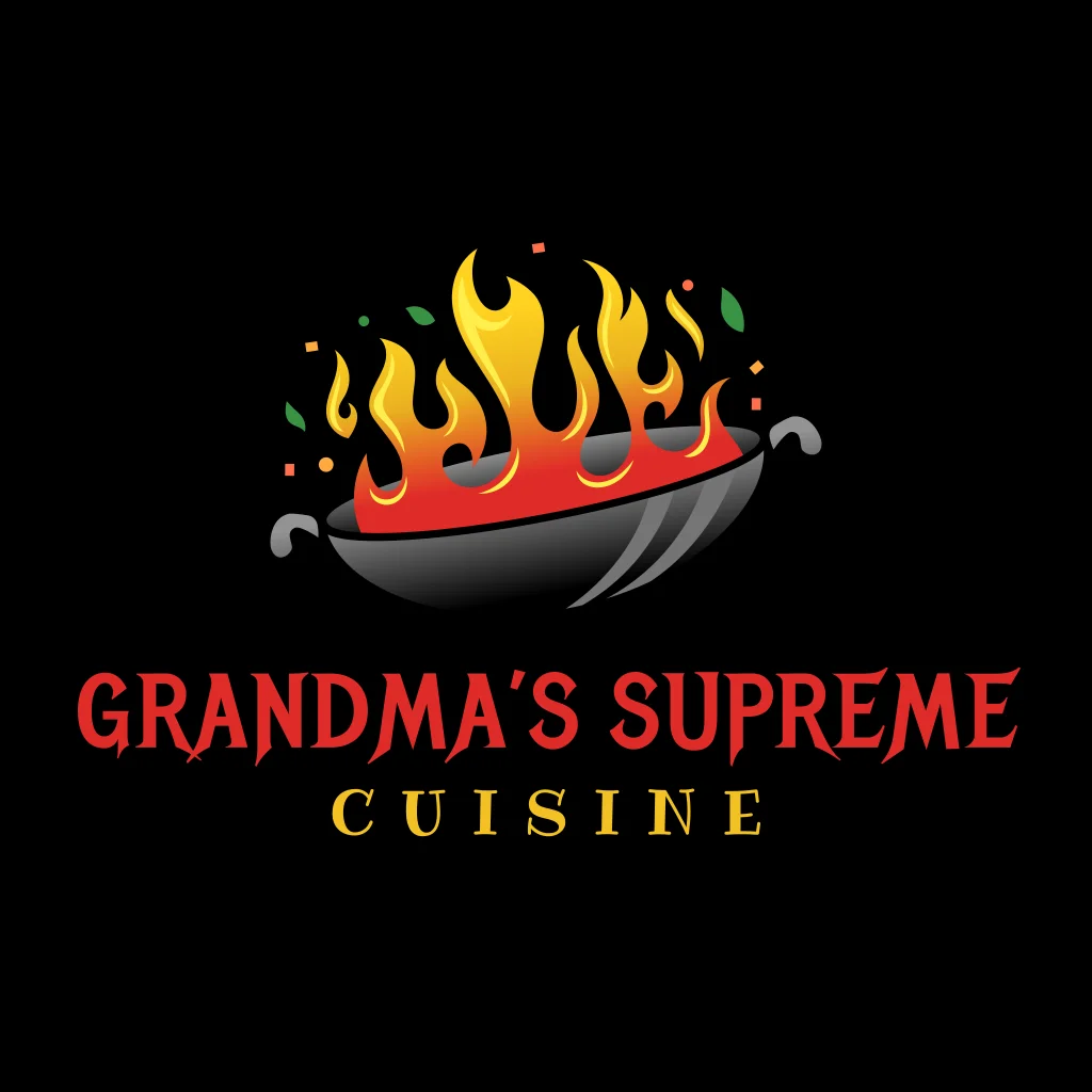 A logo featuring a pan with flames, symbolizing cooking and delicious food. The text reads 'Grandma's Supreme Cuisine' in bold and vibrant colors.