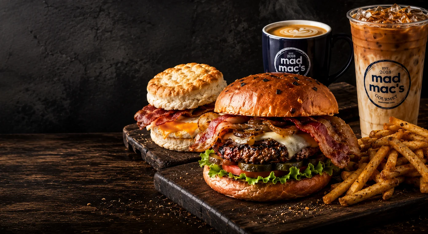 Gourmet burger with bacon and coffee drinks
