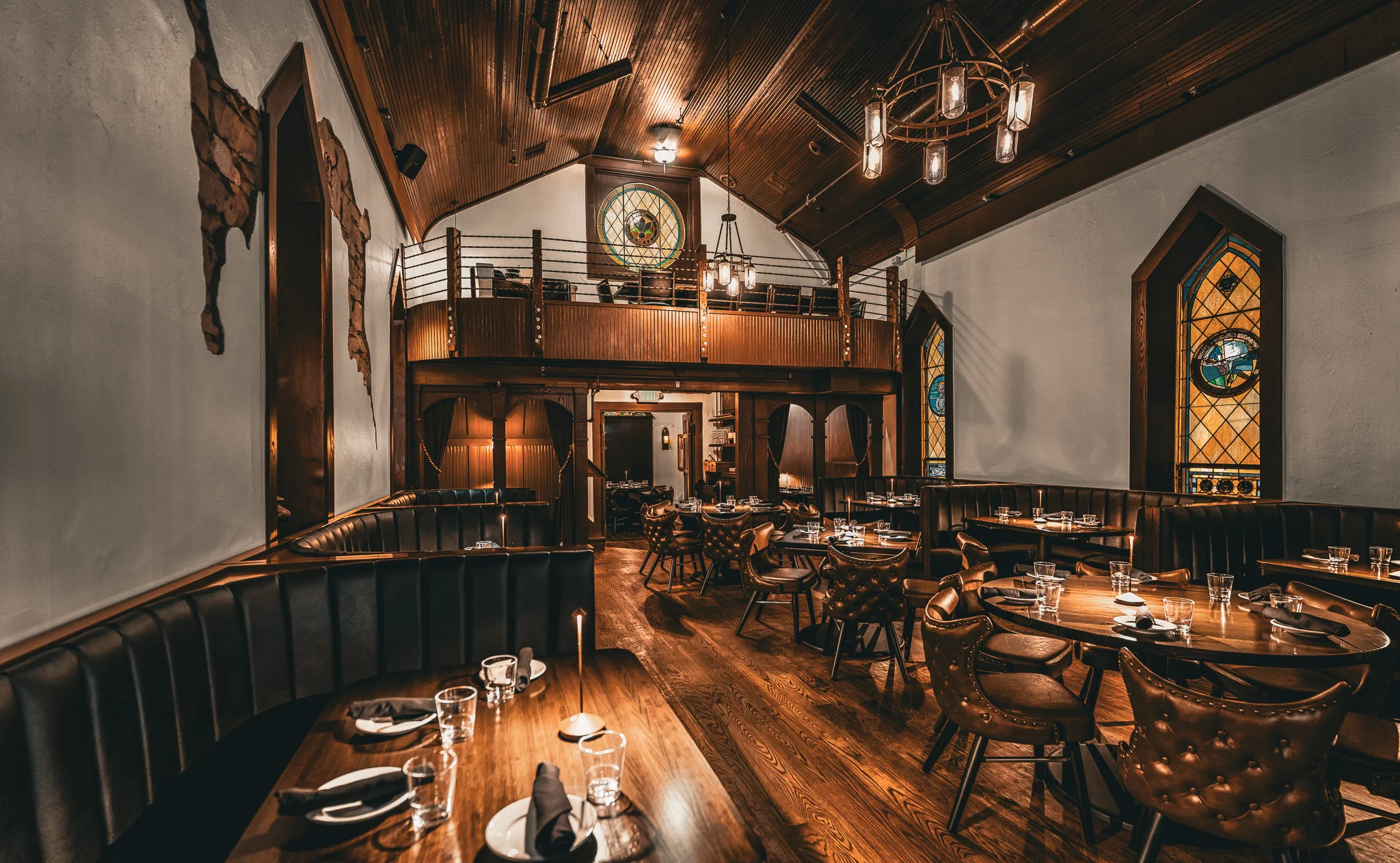Stylish restaurant interior with stained glass and modern decor
