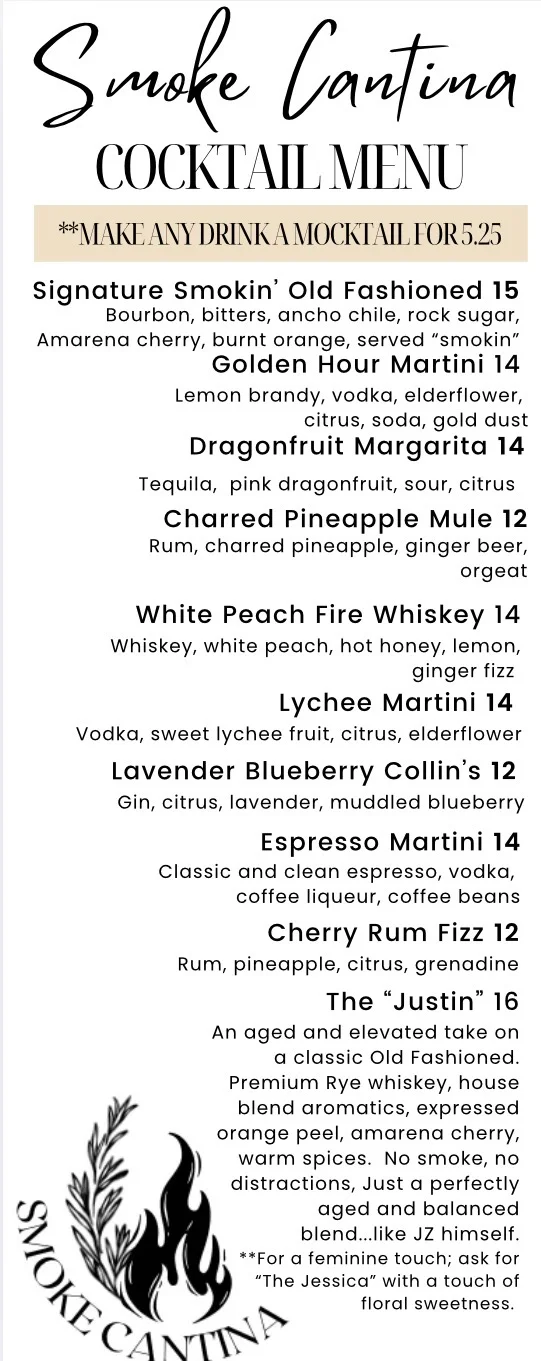 Cocktail menu featuring creative drinks at Smoke Cantina