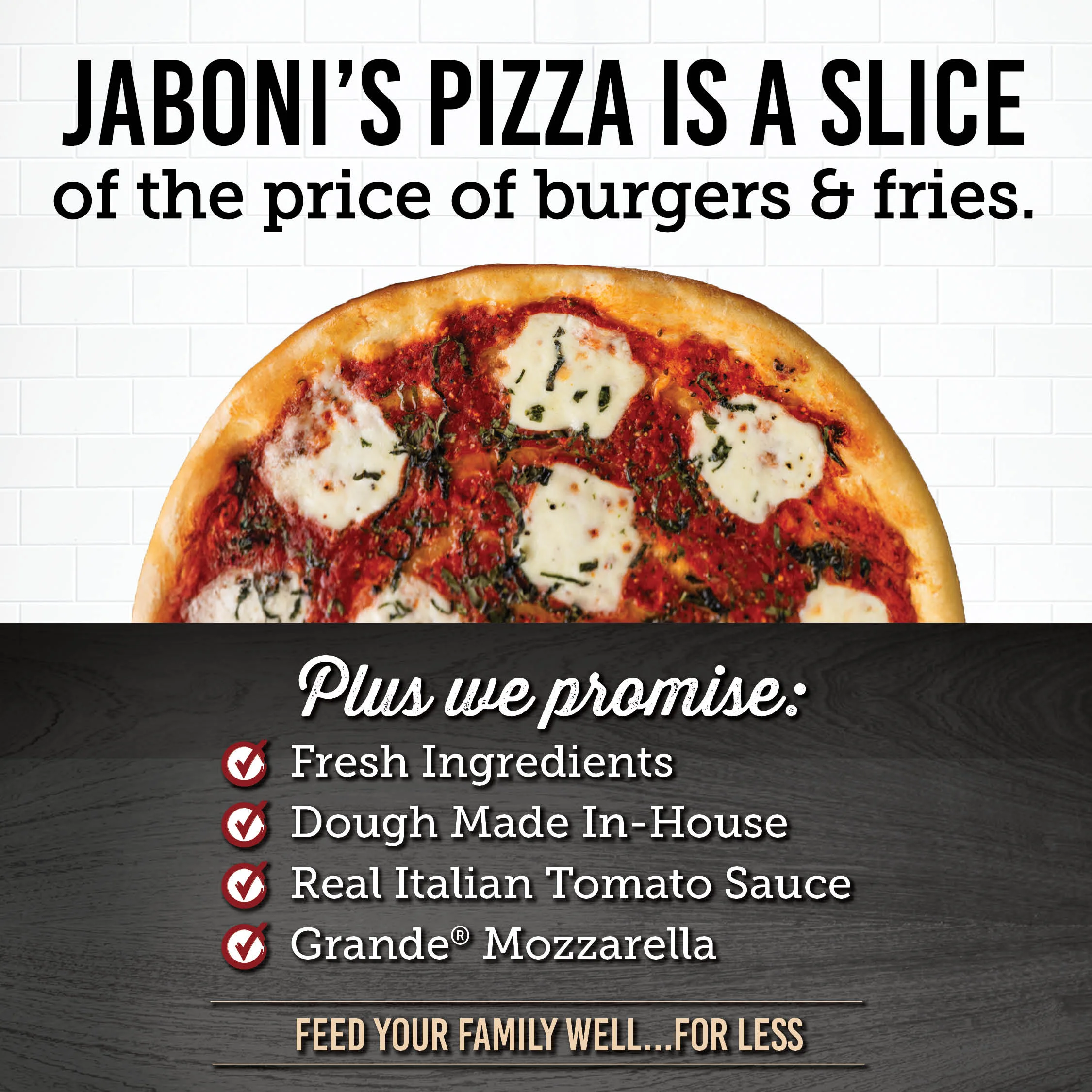 Late night pizza special promotional post with red and beige typography.