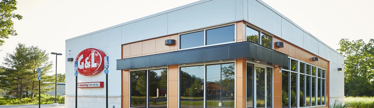 Modern restaurant exterior with large windows