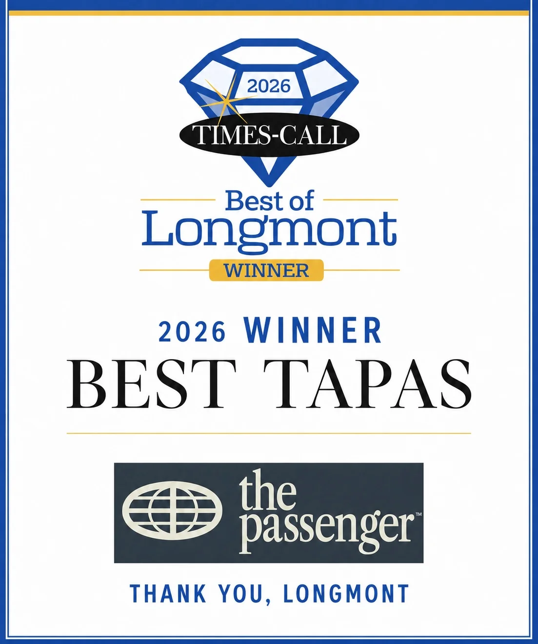 2026 Best Tapas award for The Passenger restaurant in Longmont