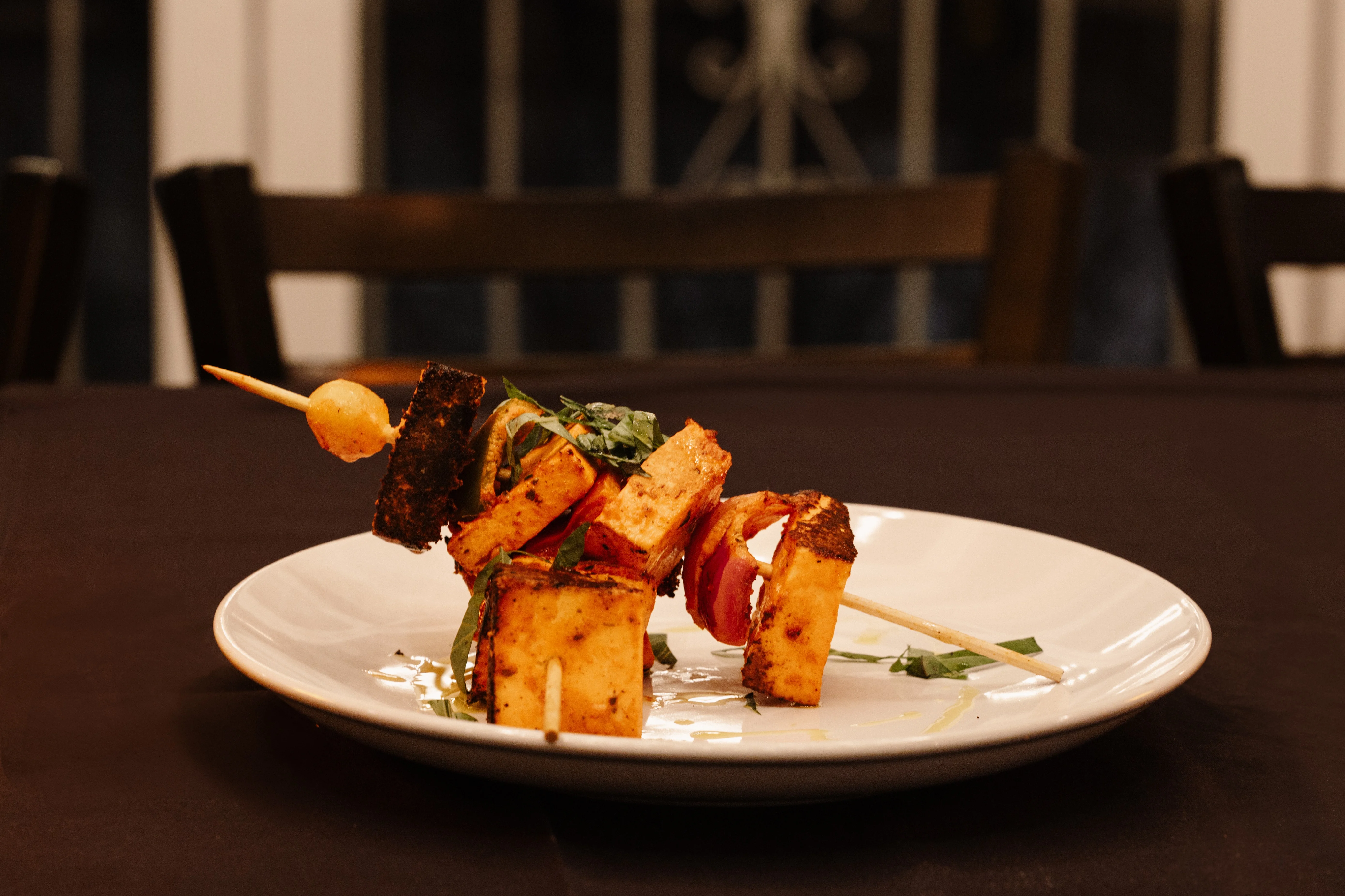 Grilled paneer tikka skewers with vegetables