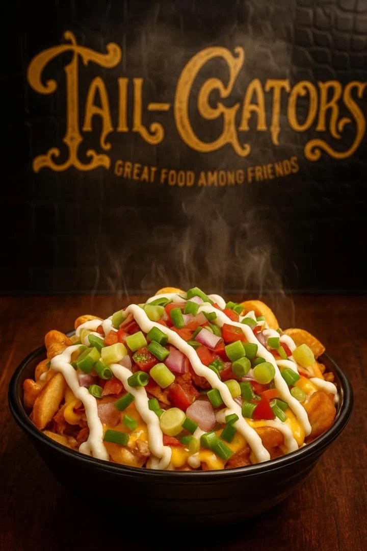 A steaming bowl of loaded fries topped with cheese, bacon, diced tomatoes, and green onions, drizzled with sour cream.