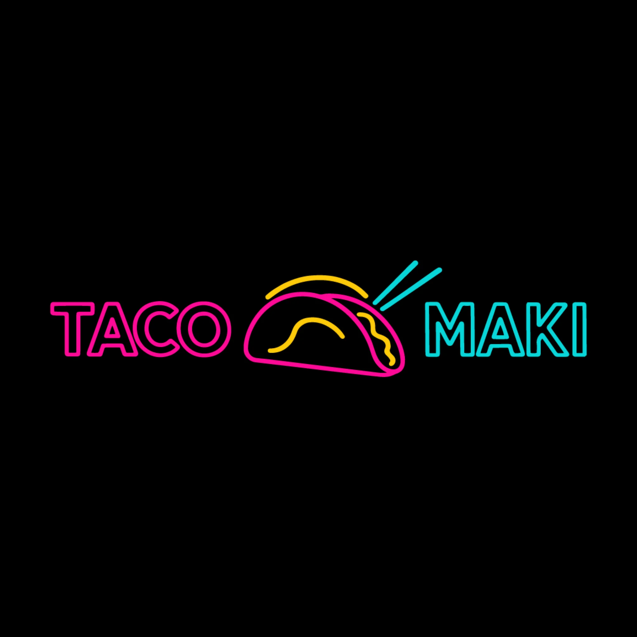 Colorful logo for Taco Maki restaurant featuring a taco illustration