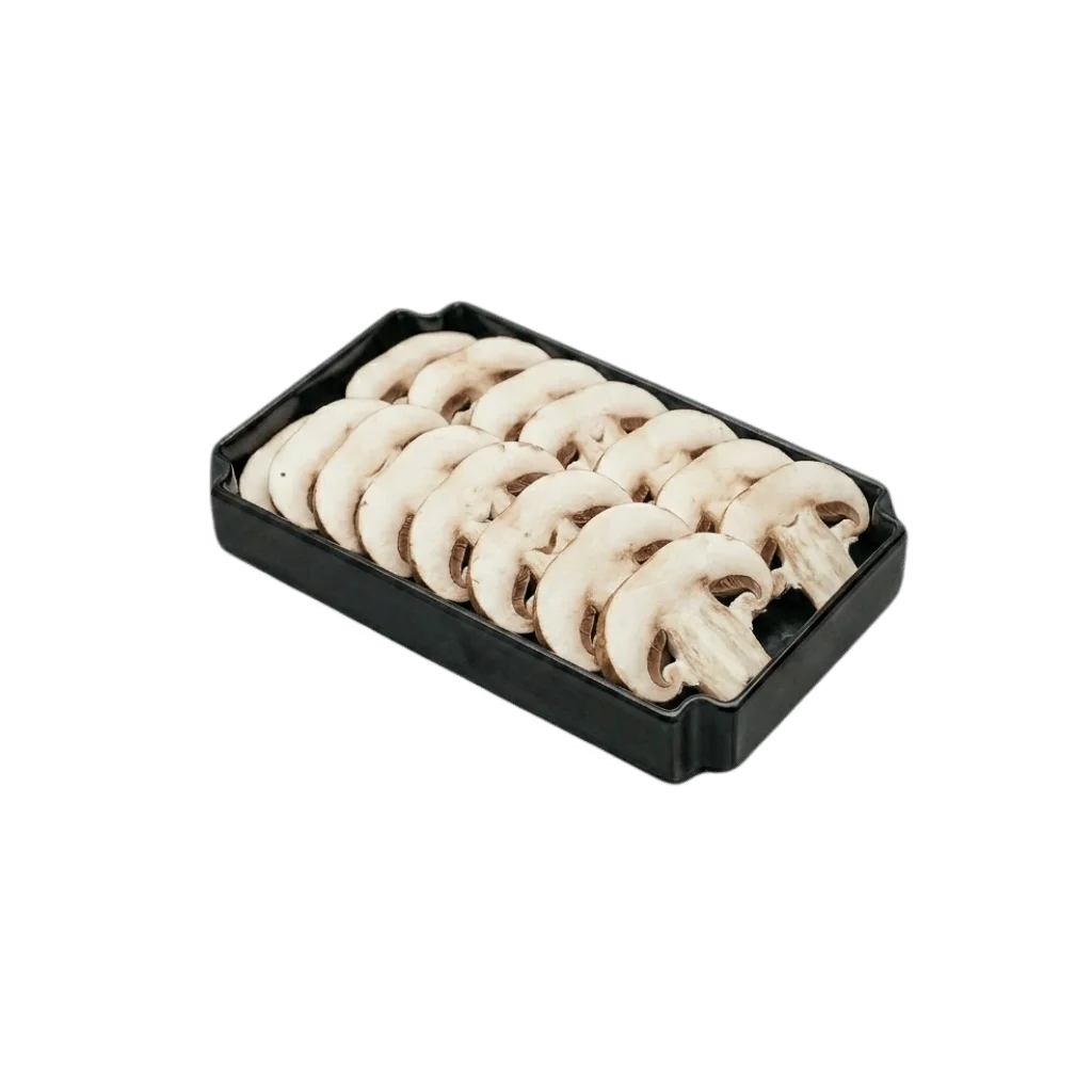 Fresh white mushrooms in a black plastic tray.