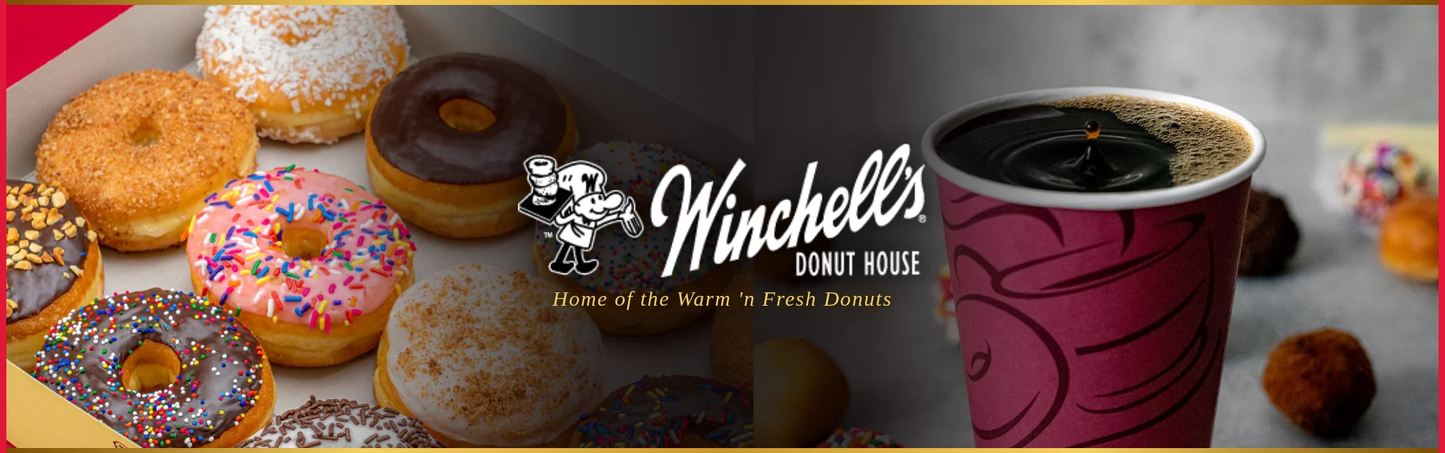 Winchell's brand banner featuring donuts and coffee.