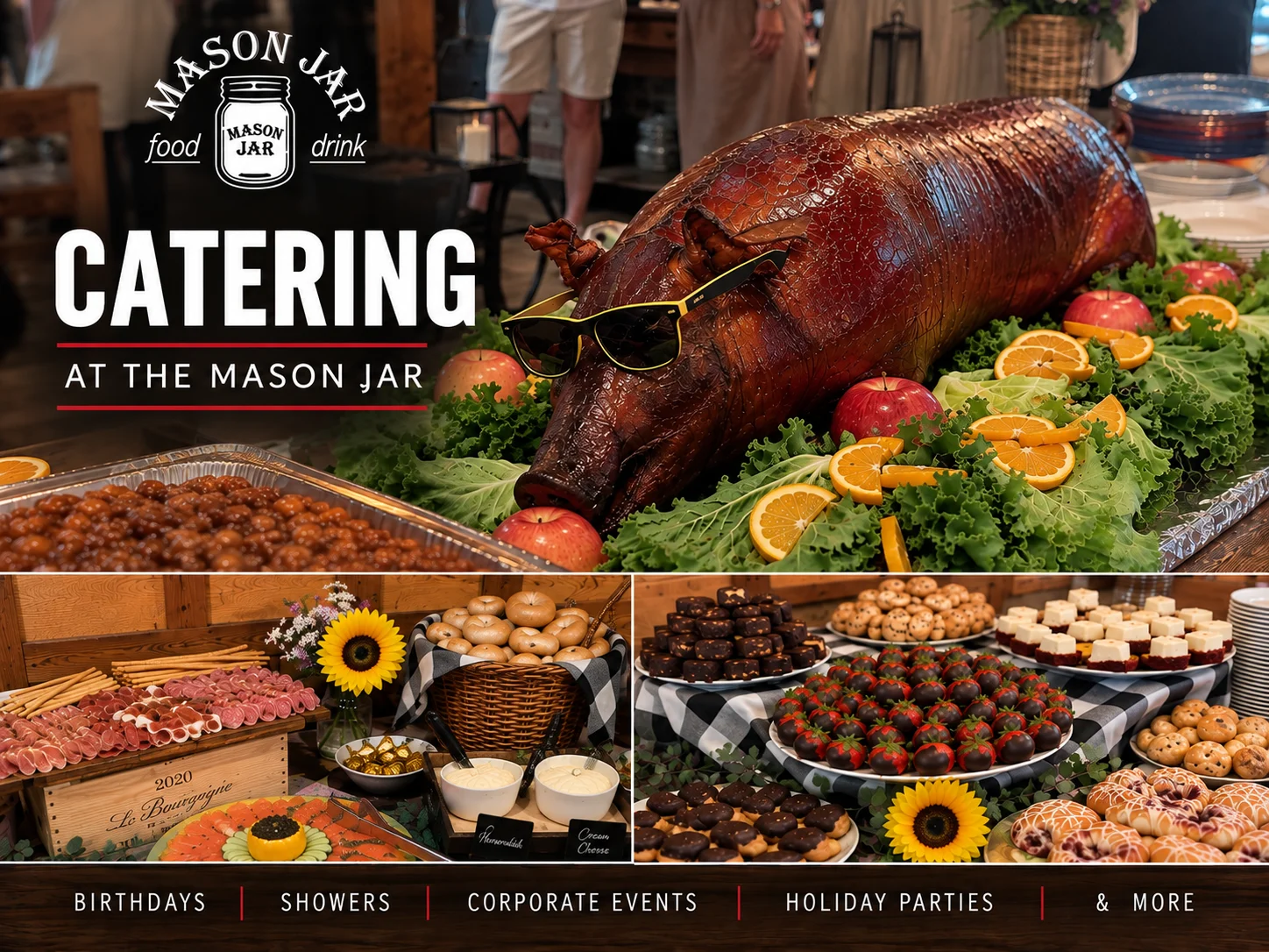 Mason Jar catering in Mahwah, NJ, featuring a whole roasted pig, appetizer spread and dessert display for catered events.