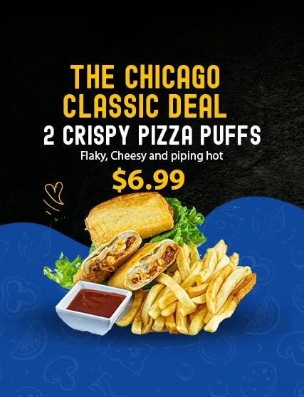 Crispy pizza puffs served with fries and dipping sauce