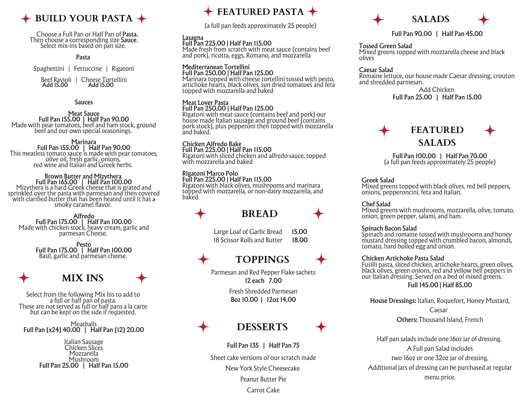 Catering menu featuring various dishes and pricing options.