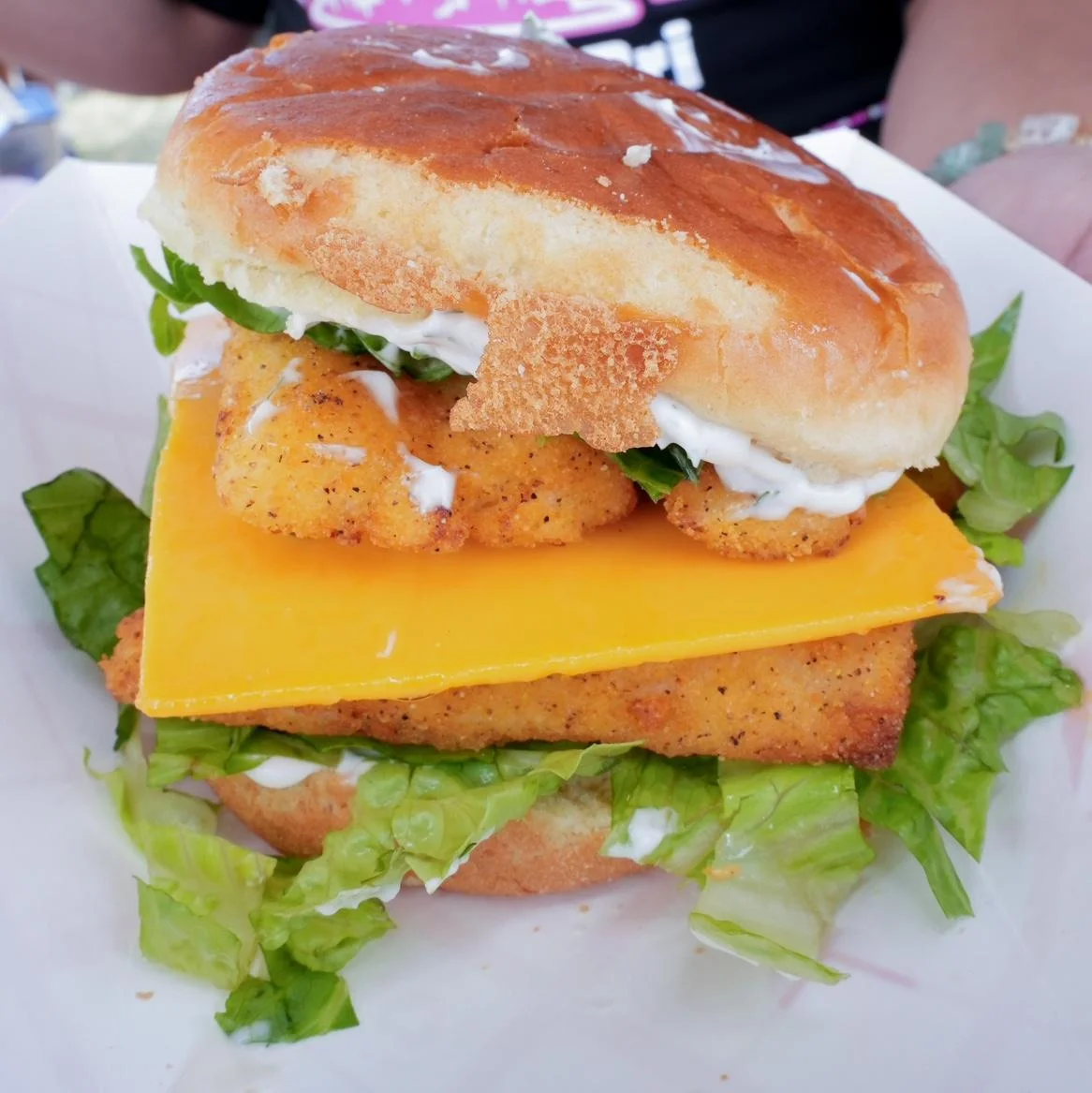 A hearty sandwich stacked with crispy chicken, cheddar cheese, lettuce, and mayonnaise between a soft bun.