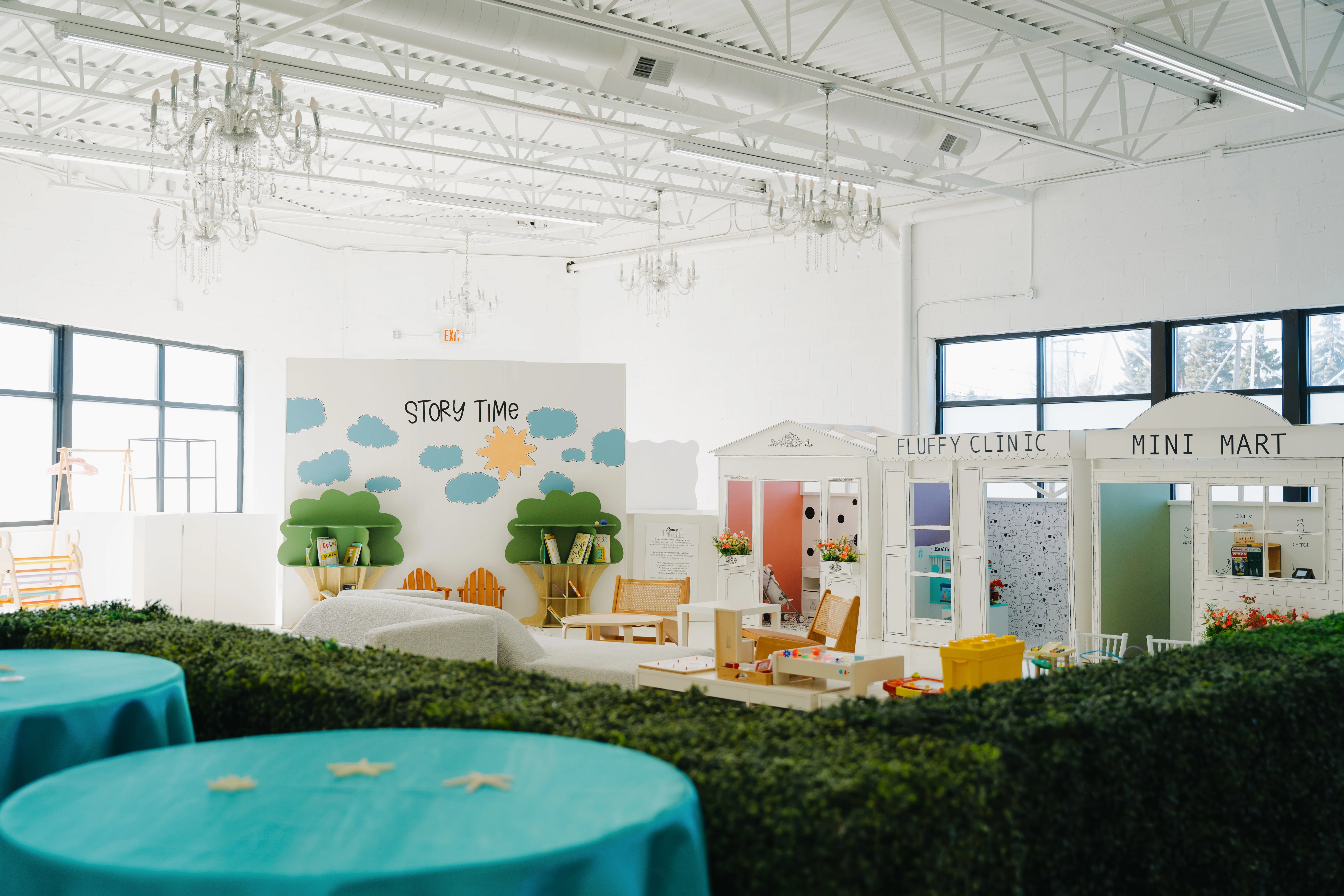 Colorful children's play area with story time theme