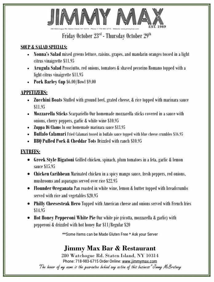 Jimmy Max Weekly Menu Specials