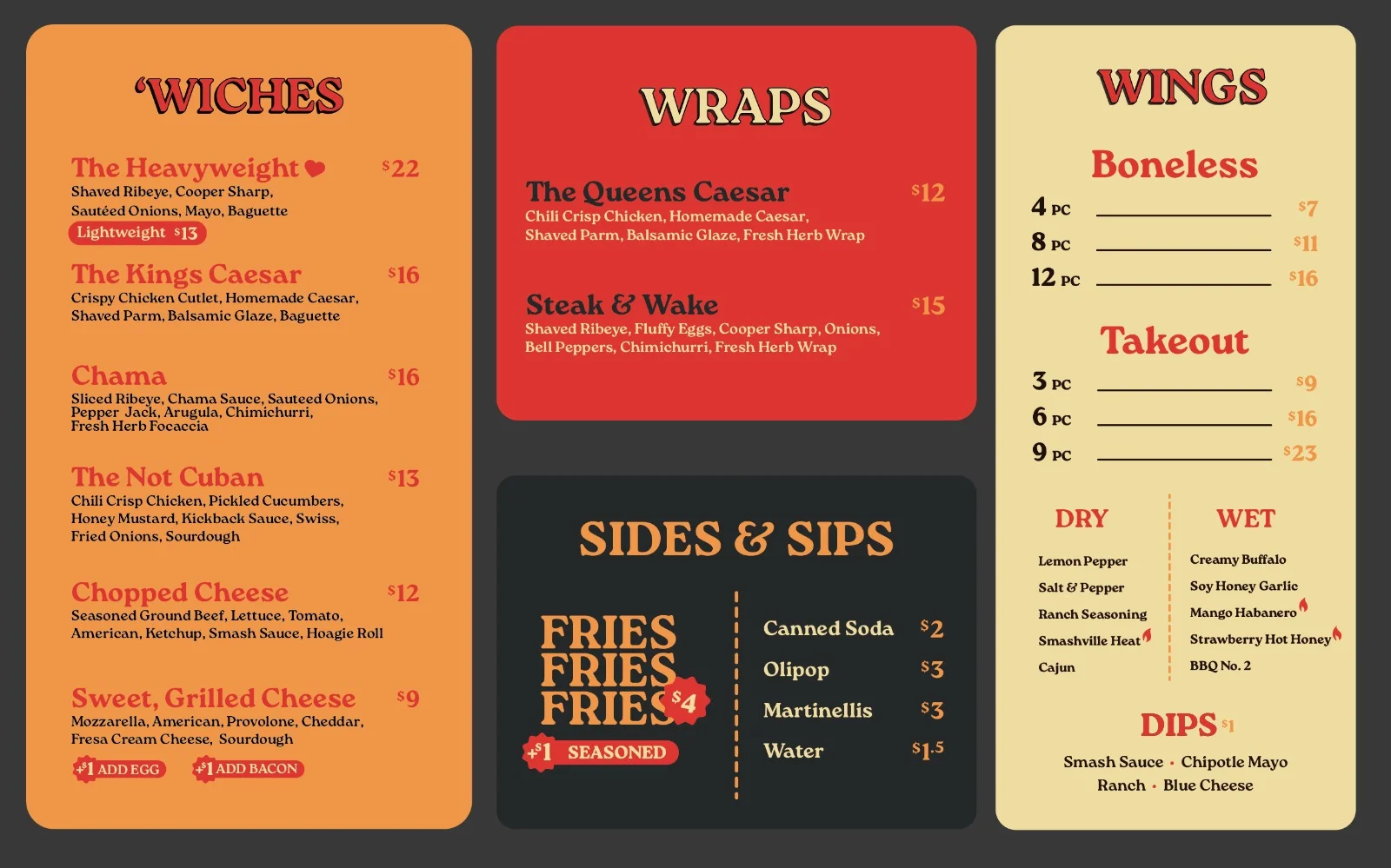 Menu featuring American sandwiches, wraps, and wings
