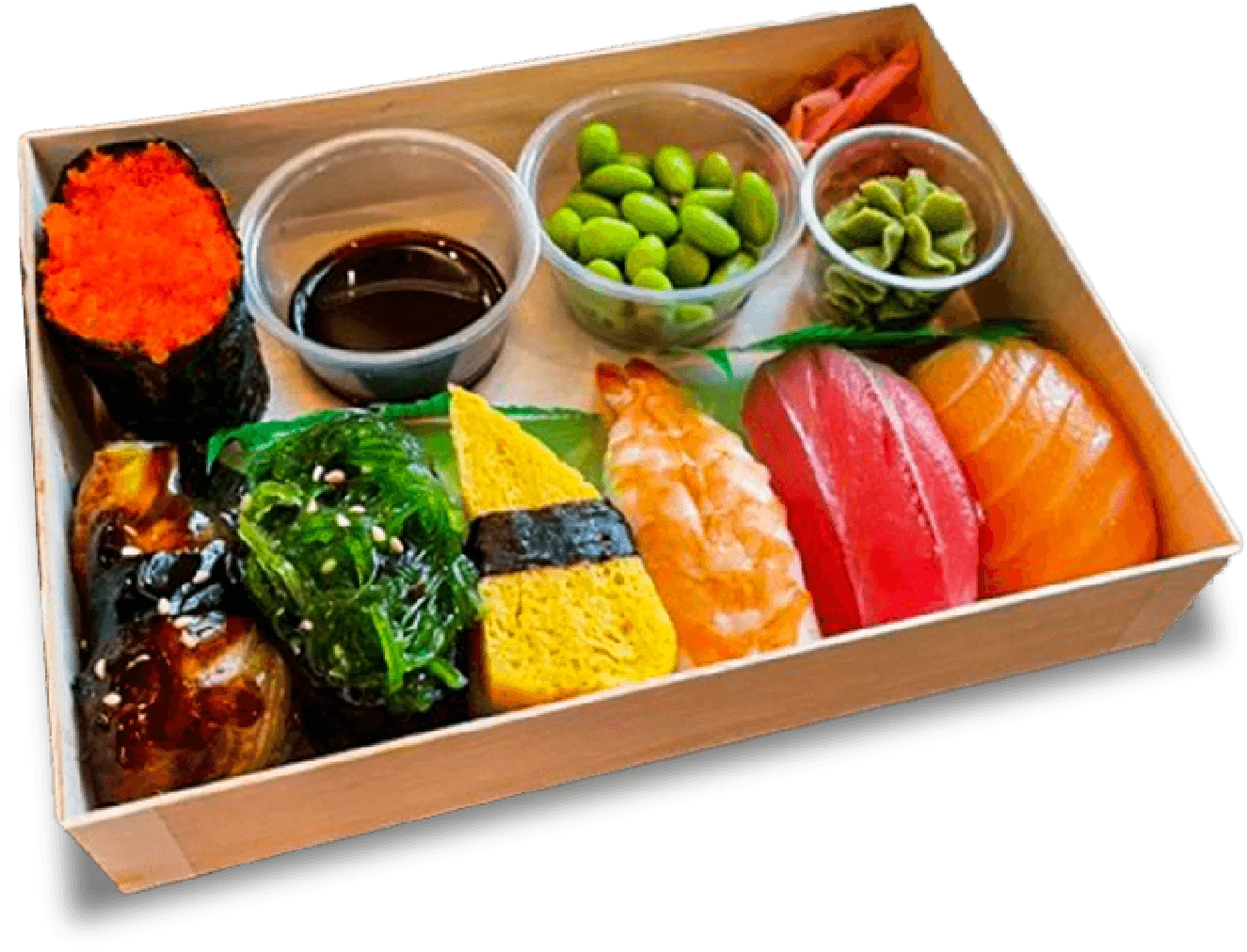 Japanese sushi platter with spicy sauce and garnishes
