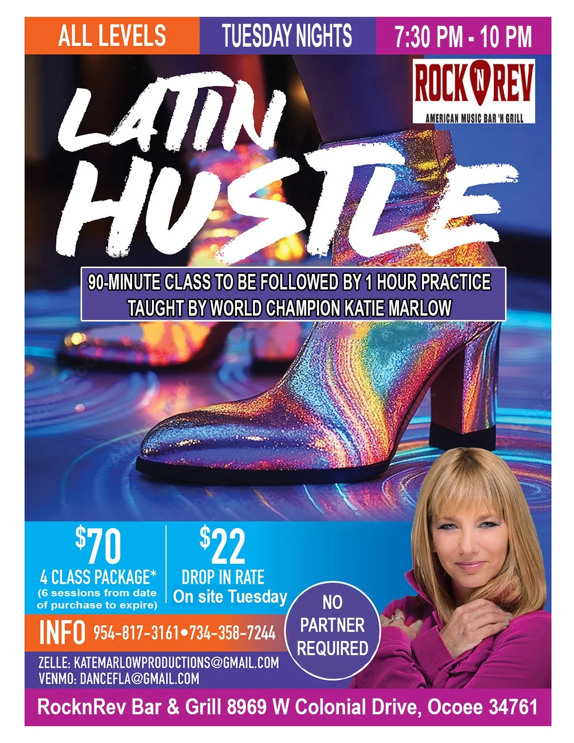 Colorful Latin Hustle dance class event flyer for a restaurant bar and grill