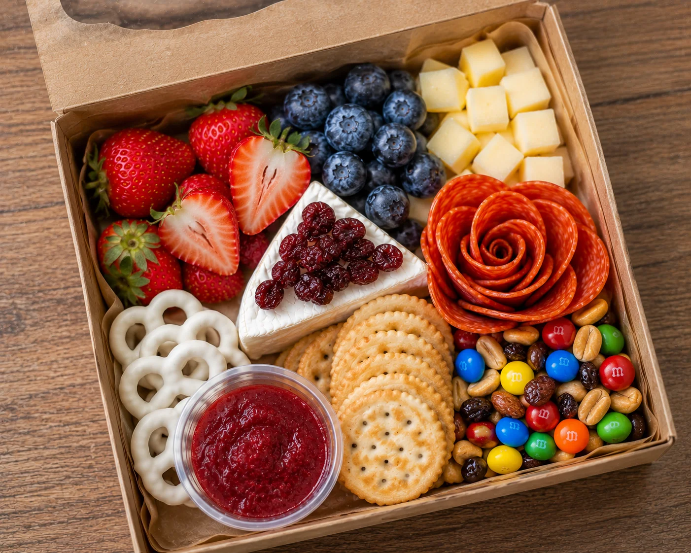 Colorful charcuterie box with fruits and snacks