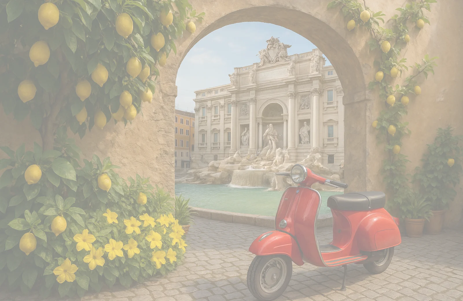 Charming Italian scene with a red scooter and Trevi Fountain