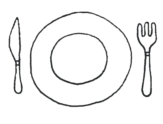 Minimalist illustration of a plate, knife, and fork