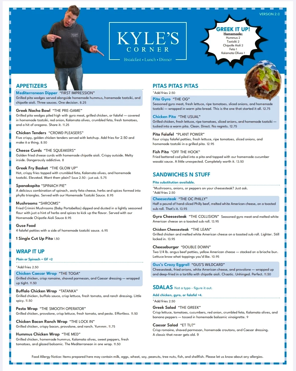 Menu from Kyle's Corner featuring appetizers, pitas, and sandwiches.