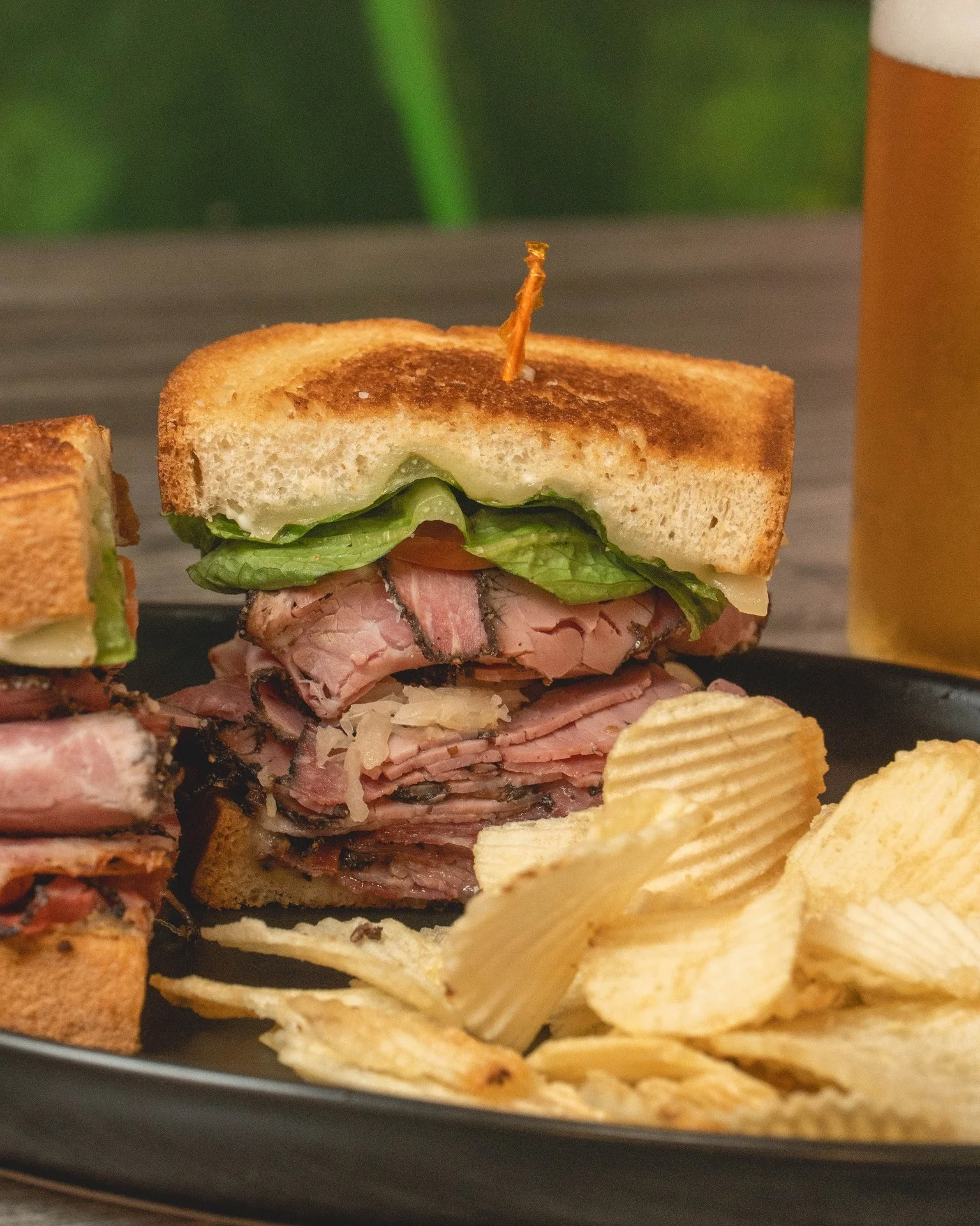 Classic deli sandwich with layers of pastrami and rye bread