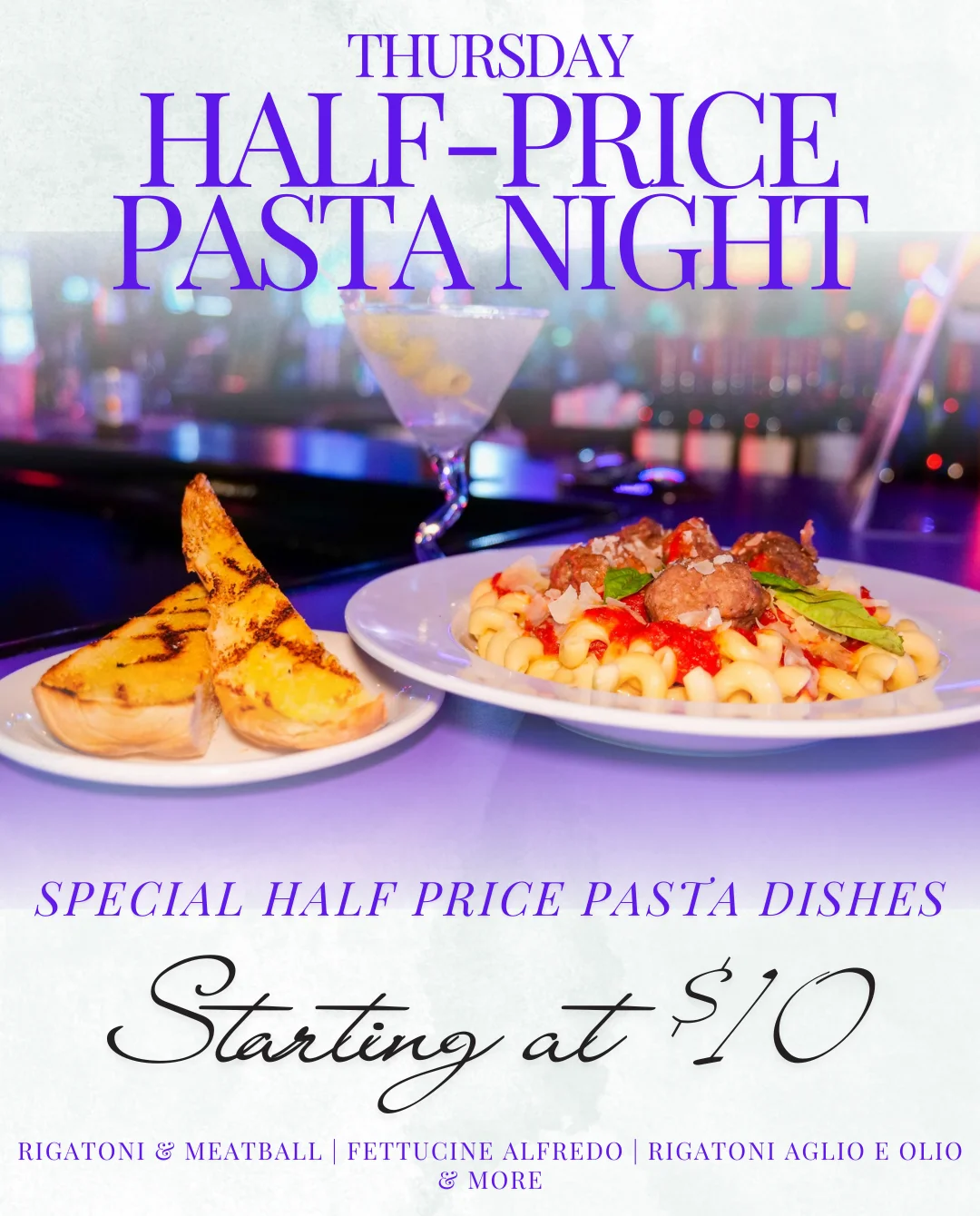 Half-price pasta night featuring rigatoni and meatballs
