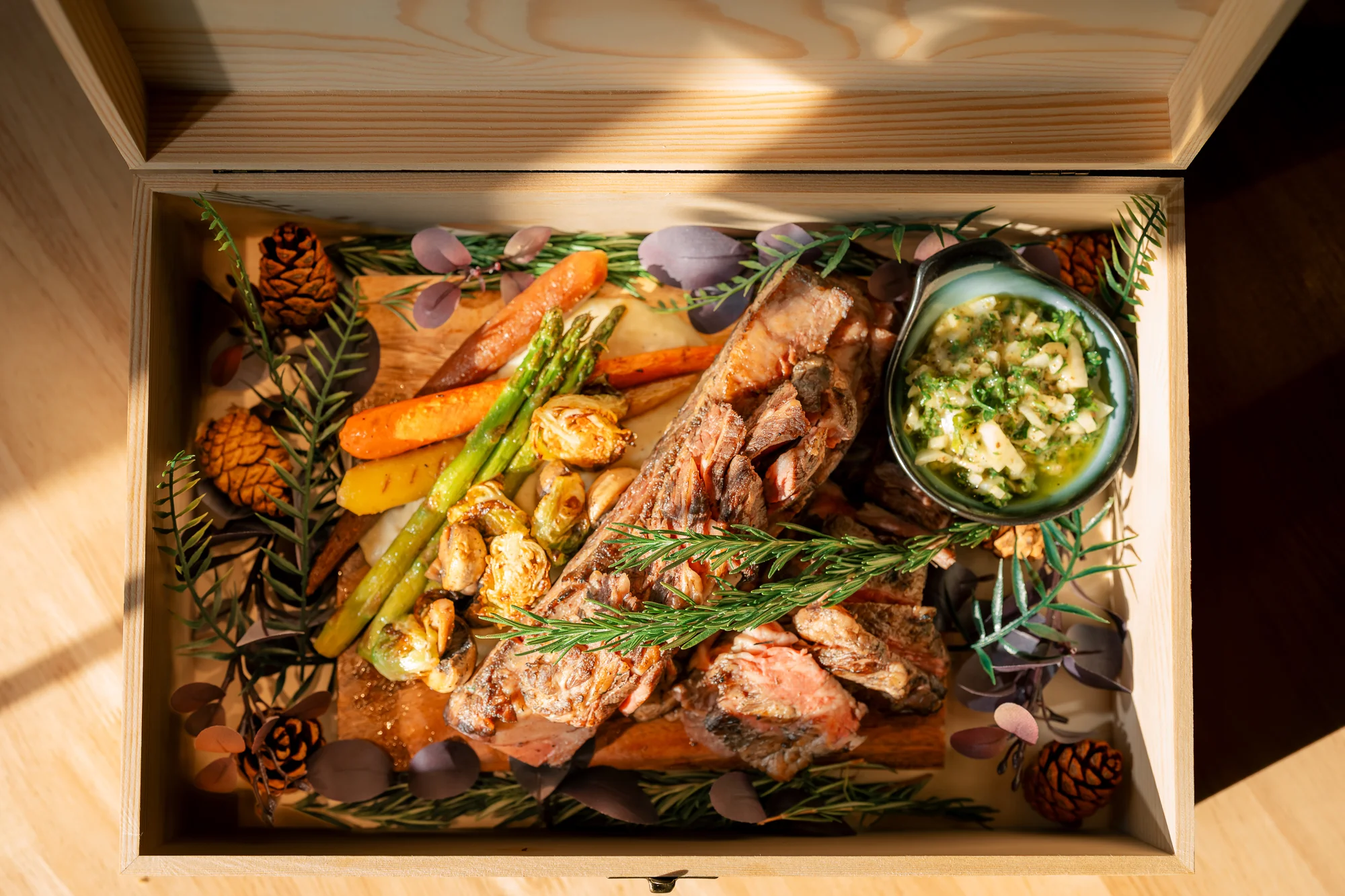 Herb-crusted roast beef with seasonal vegetables