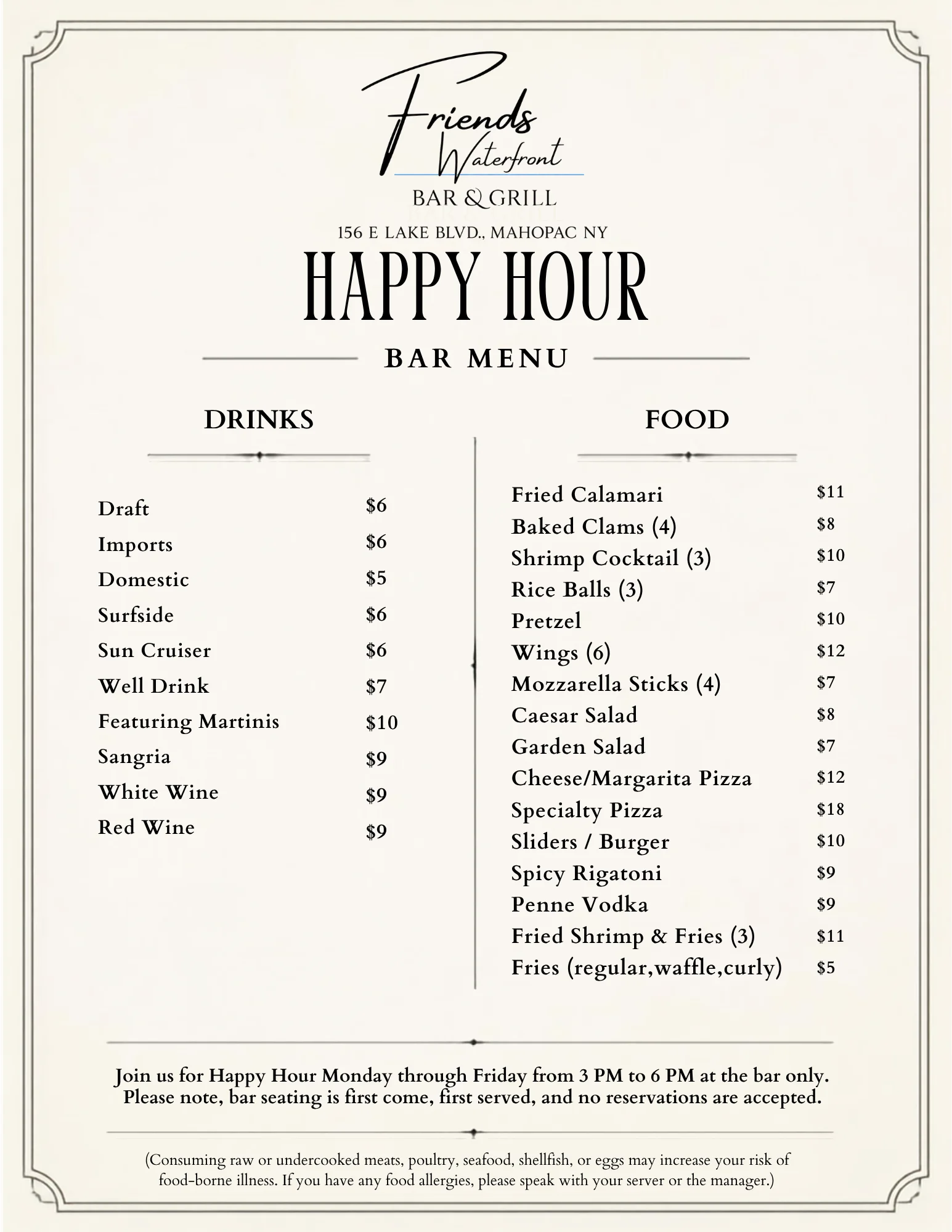 Happy hour bar menu with drinks and food specials
