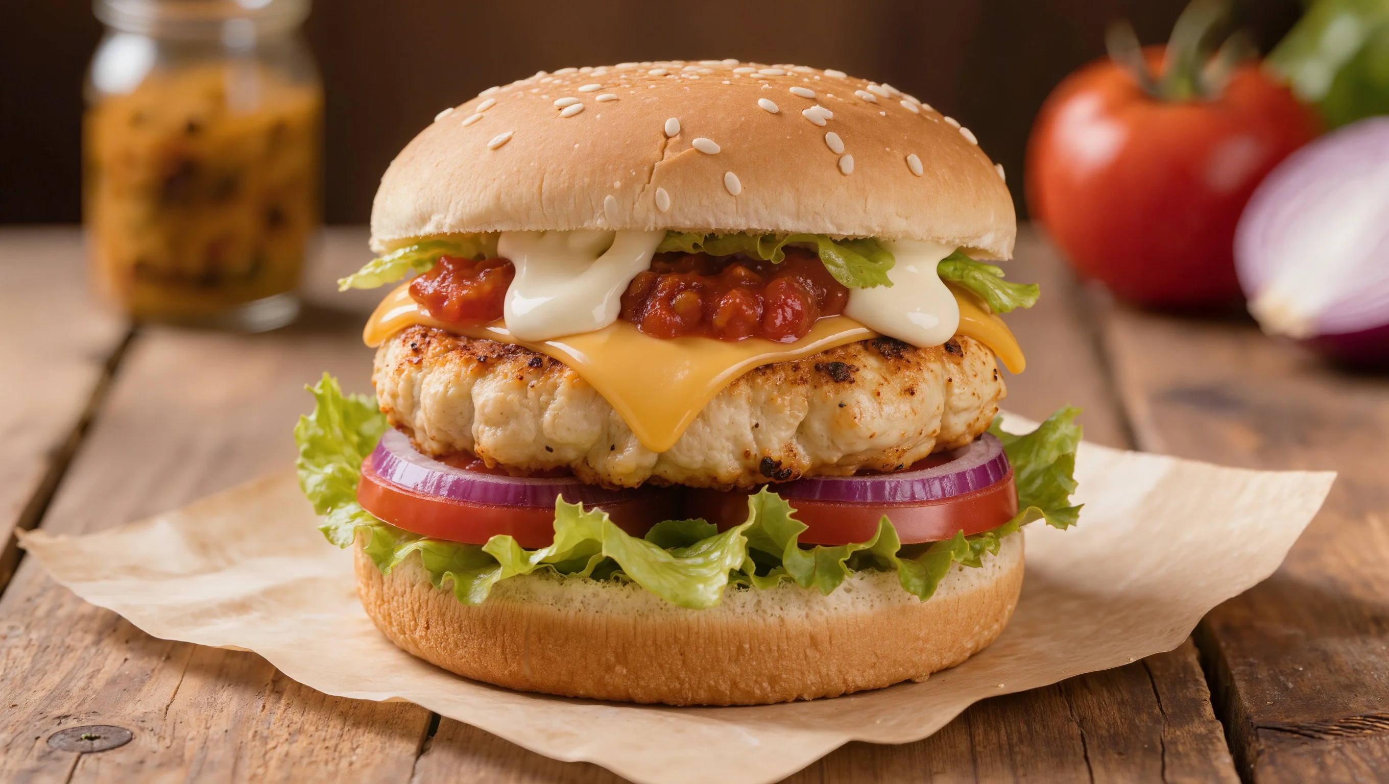 Grilled paneer burger with fresh vegetables and a toasted bun