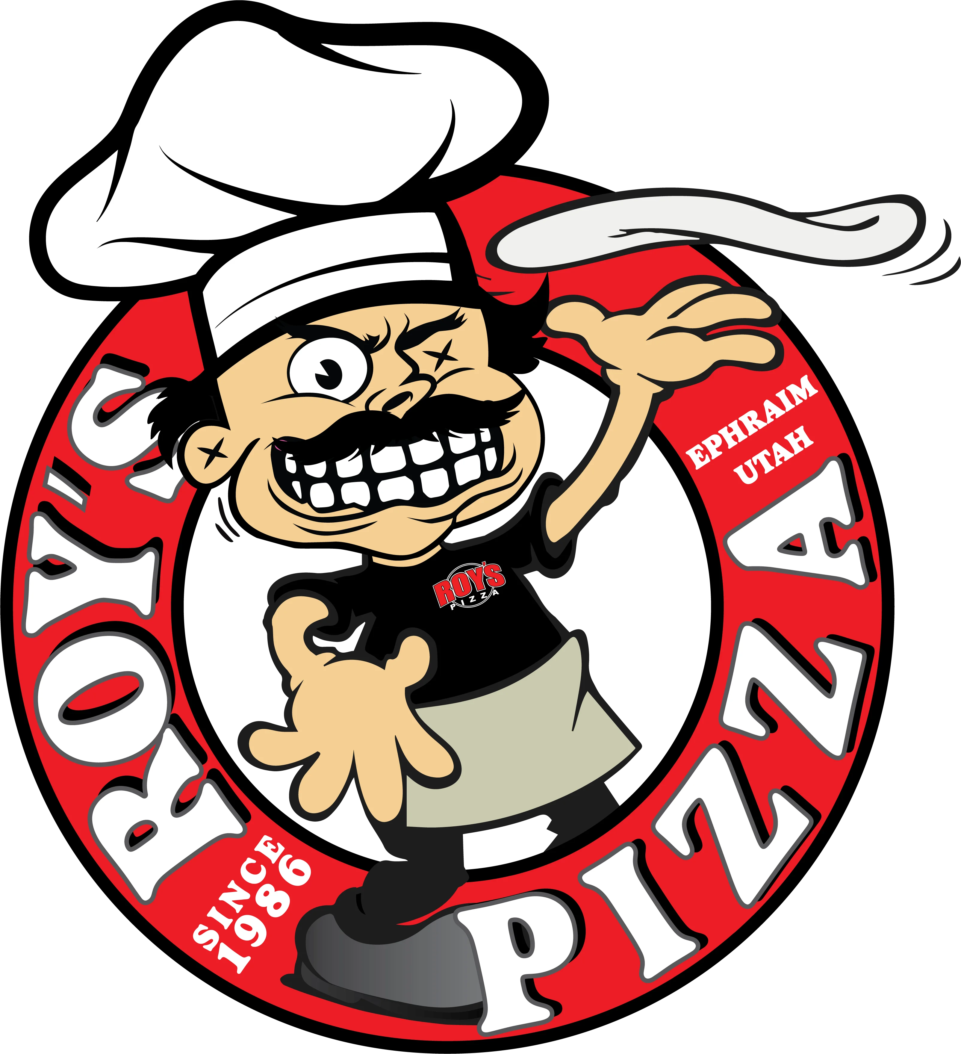 Roy's Pizza logo featuring a playful chef character