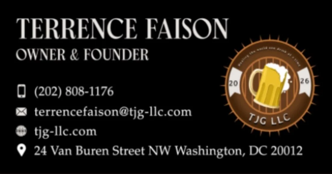 A business card featuring contact details and a logo for a company. The card has a dark background and displays the name 'Terrence Faison' along with contact information.