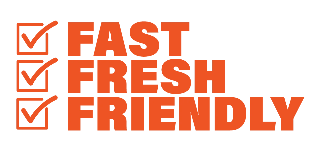 Fast, fresh, and friendly service message for a restaurant