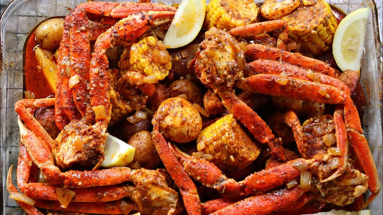 Seafood boil with crab, corn, and potatoes