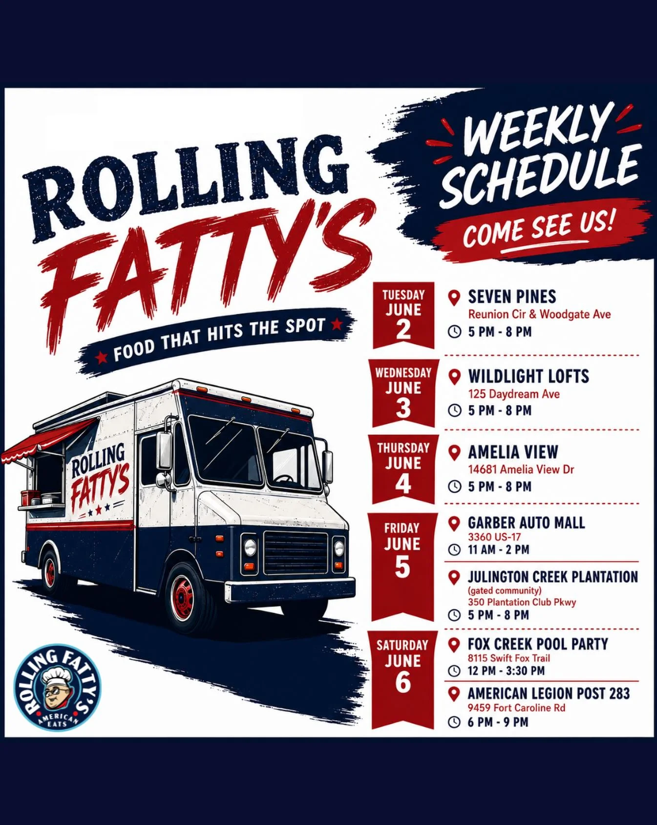 Rolling Fatty's food truck weekly schedule for June events