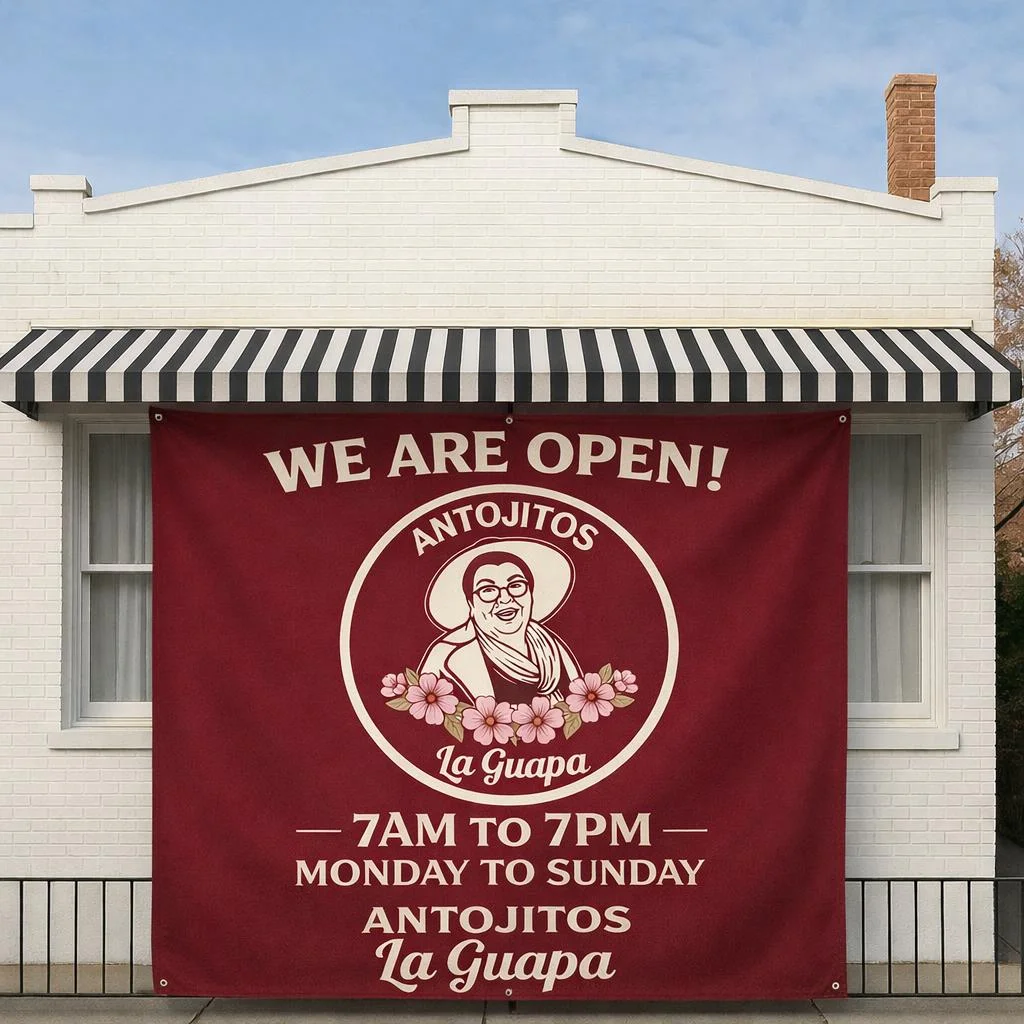 Open sign for Antojitos La Guapa restaurant with hours displayed