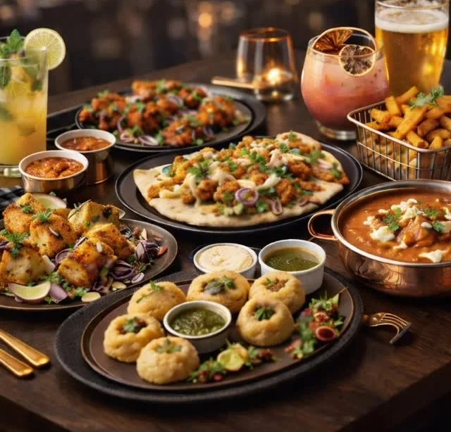 Assorted Indian appetizers and curry dishes on a wooden table