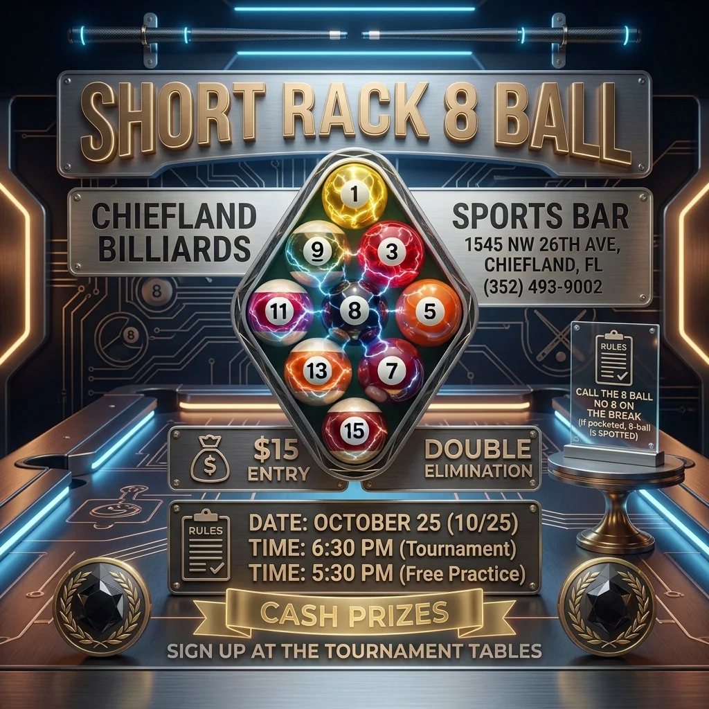 Billiards tournament poster with racked pool balls and sports bar signage