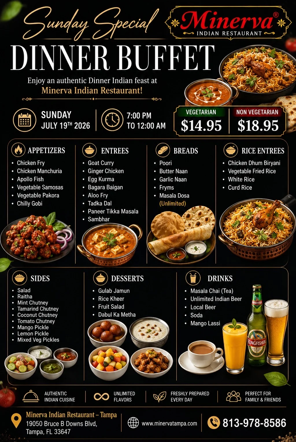 Authentic Indian dinner buffet featuring Chicken Dum Biryani and Goat Rogan Josh