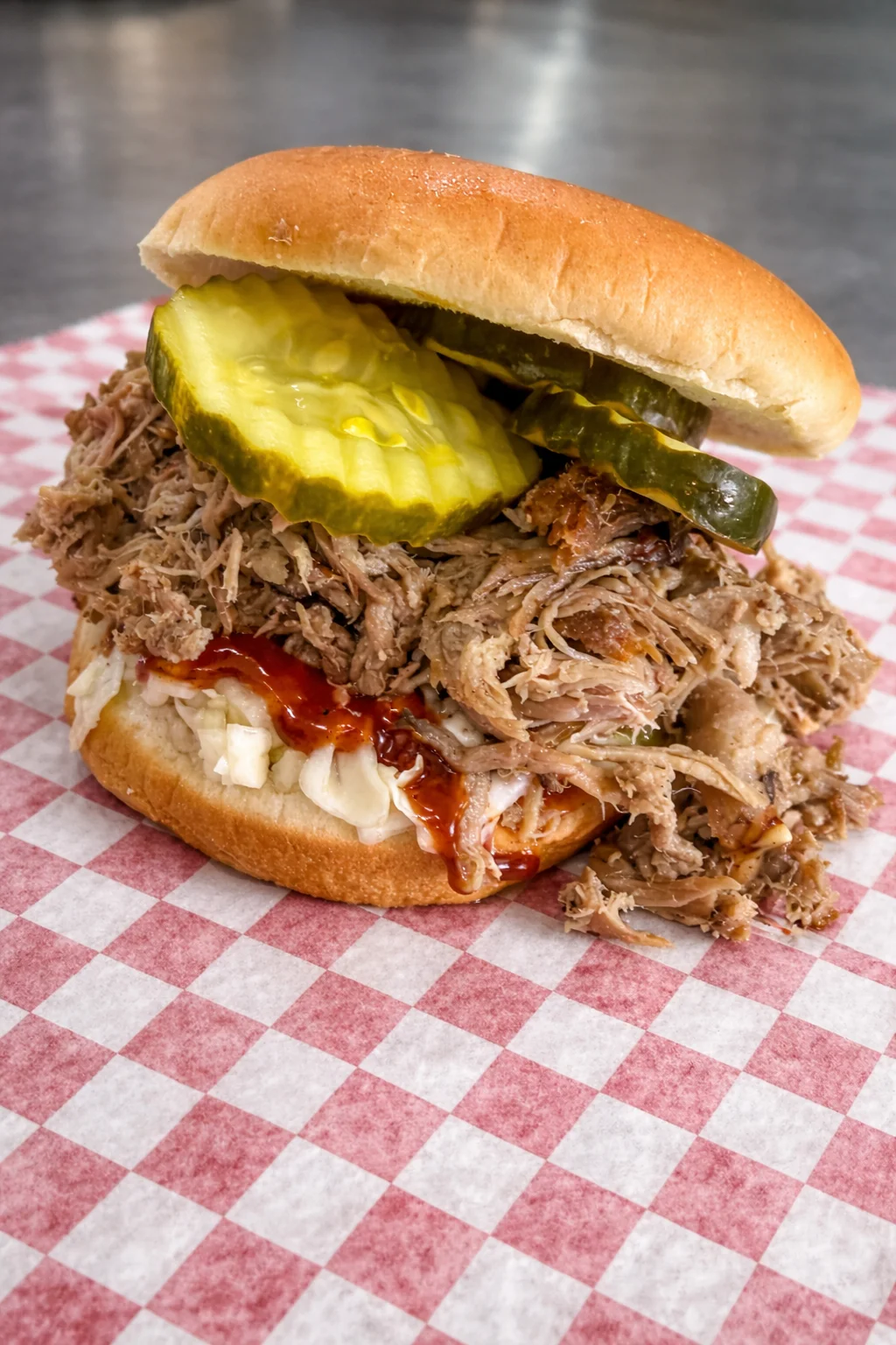 Pulled pork sandwich with pickles on a checkered paper